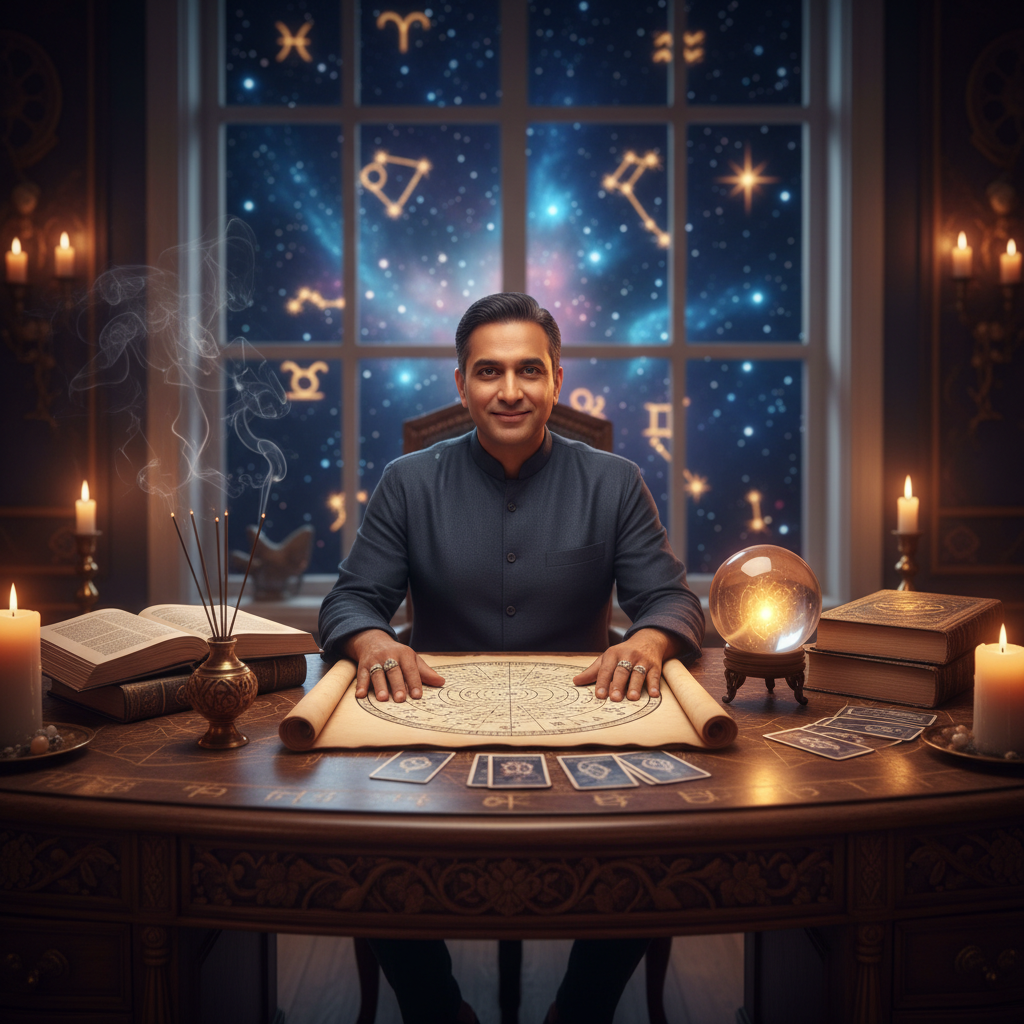 Trusted Astrologer Harlem New York | Master Krish NYC Mystical celestial scene symbolizing Vedic astrology in Harlem New York