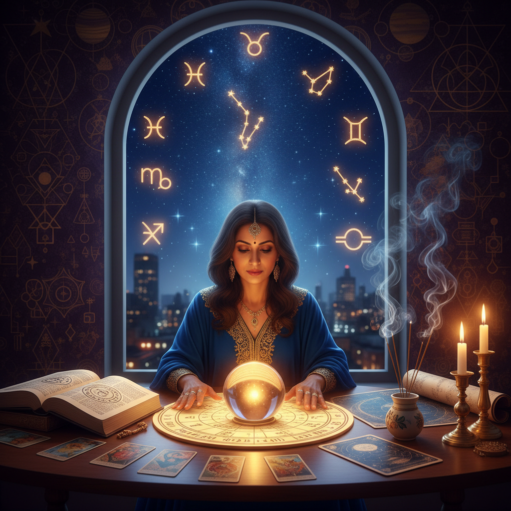 Top Astrologer Harlem New York for Vedic Guidance Mystical celestial star chart with astrological symbols over New York cityscape