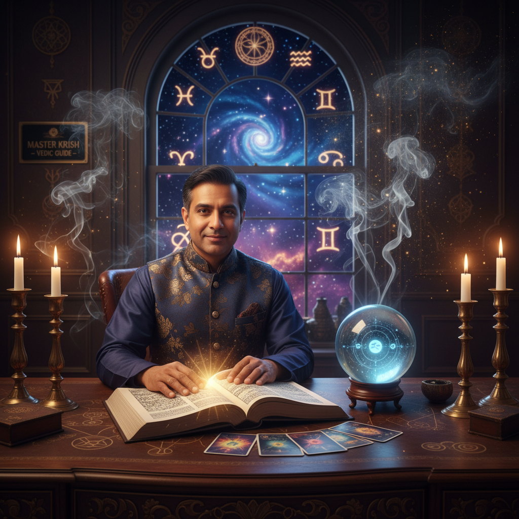 Top Astrologer Harlem New York | Master Krish Vedic Guide Mystical celestial symbols shining over Harlem New York skyline