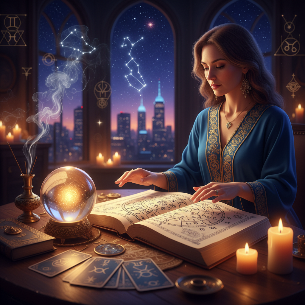 Top Astrologer in Manhattan for Vedic & Western Astrology NYC Celestial stars and zodiac symbols glowing over Manhattan skyline at night