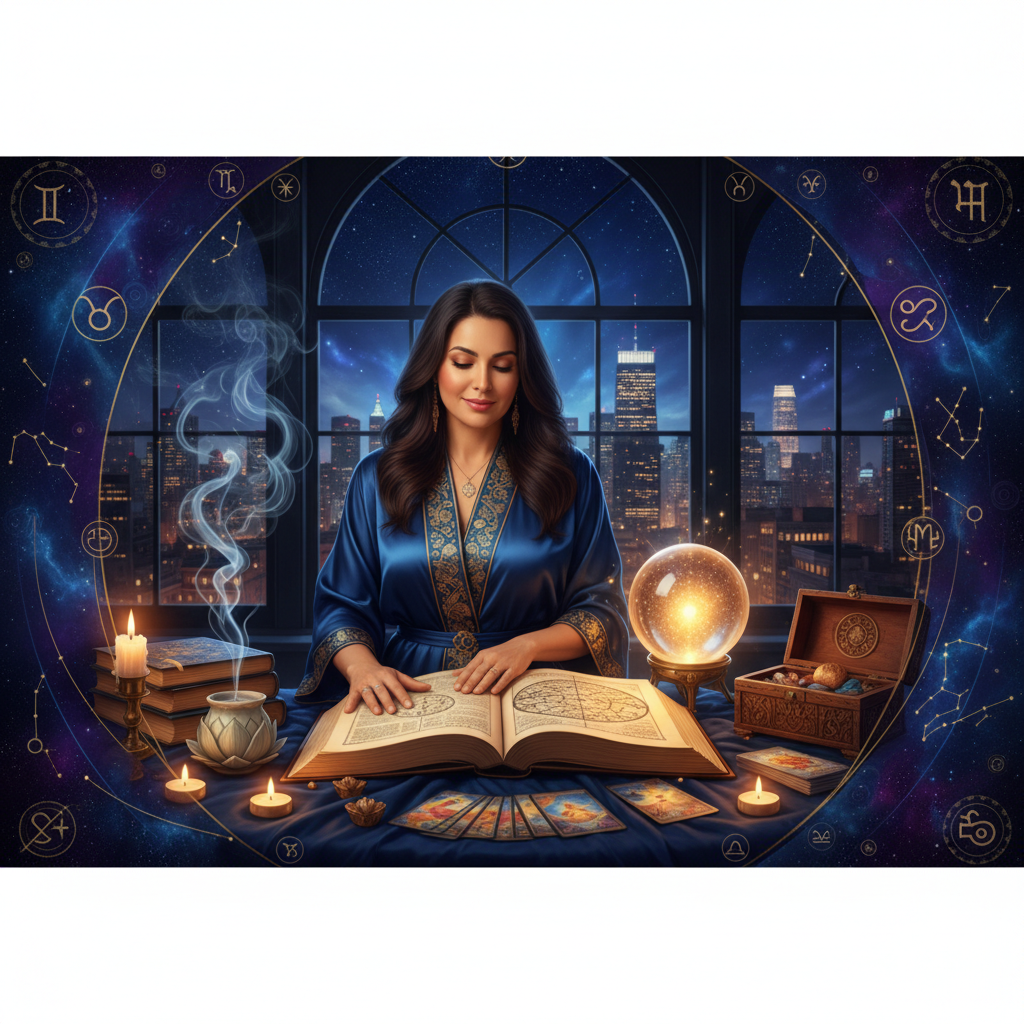 Expert Astrologer in Manhattan | NYC Vedic & Western Astrology Mystical celestial sky with zodiac signs over Manhattan skyline at night