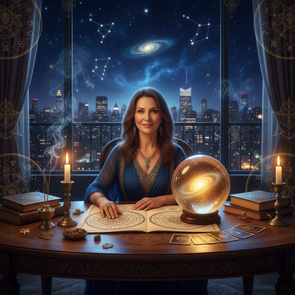 Expert Astrologer in Manhattan NYC | Vedic & Western Astrology Mystical celestial chart glowing over Manhattan skyline at night