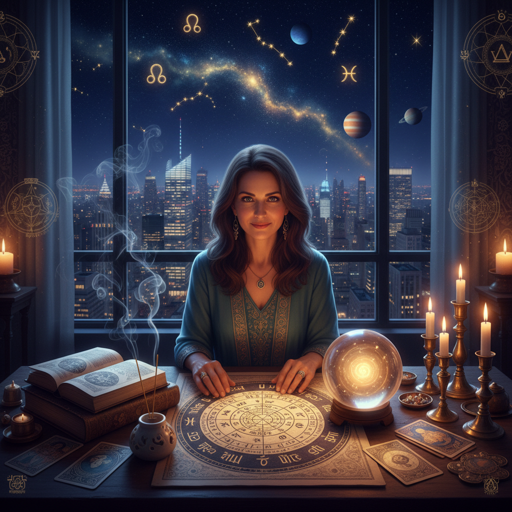 Expert Astrologer in Manhattan | Vedic & Western NYC Guide Mystical celestial chart with zodiac signs over New York skyline at night