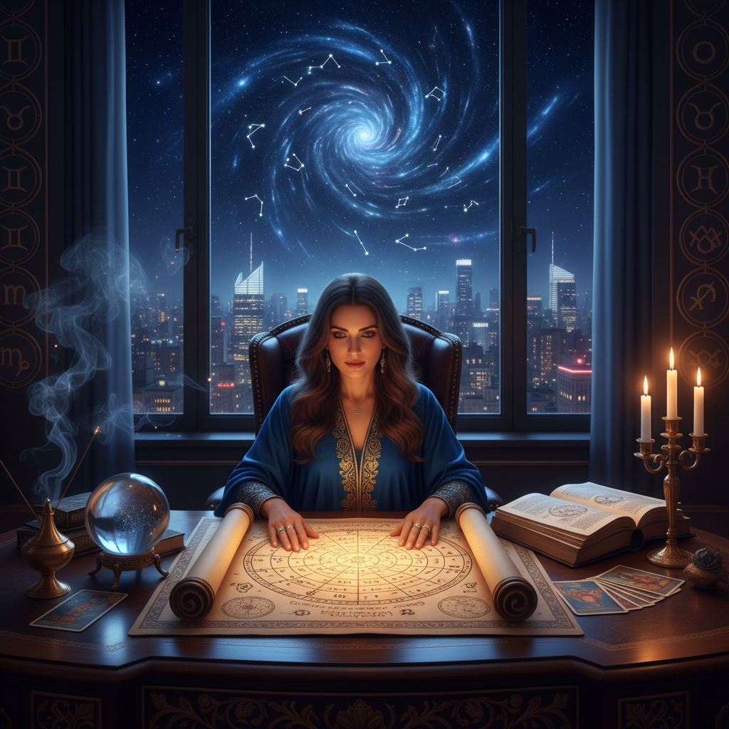 Expert Astrologer in Manhattan | NYC Vedic & Western Astrology Mystical celestial chart with stars and planets over New York skyline