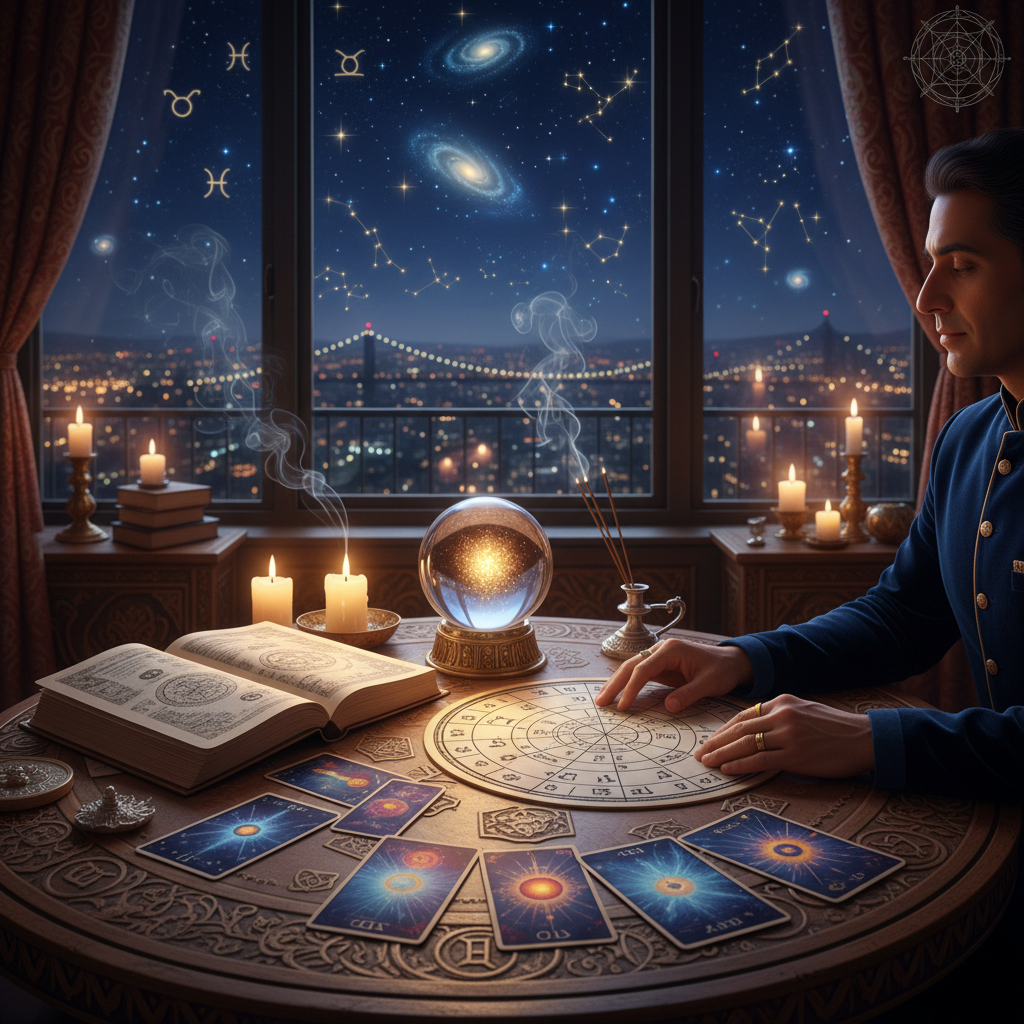 Expert Astrologer in New York for Vedic Astrology Celestial night sky with zodiac signs over New York City skyline