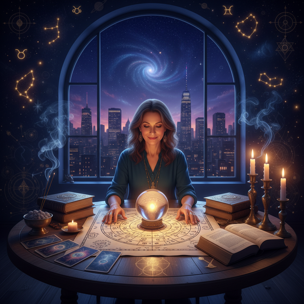 Expert Astrologer in New York for Vedic Birth Chart Readings Mystical celestial artwork showing planets and zodiac signs over New York City skyline