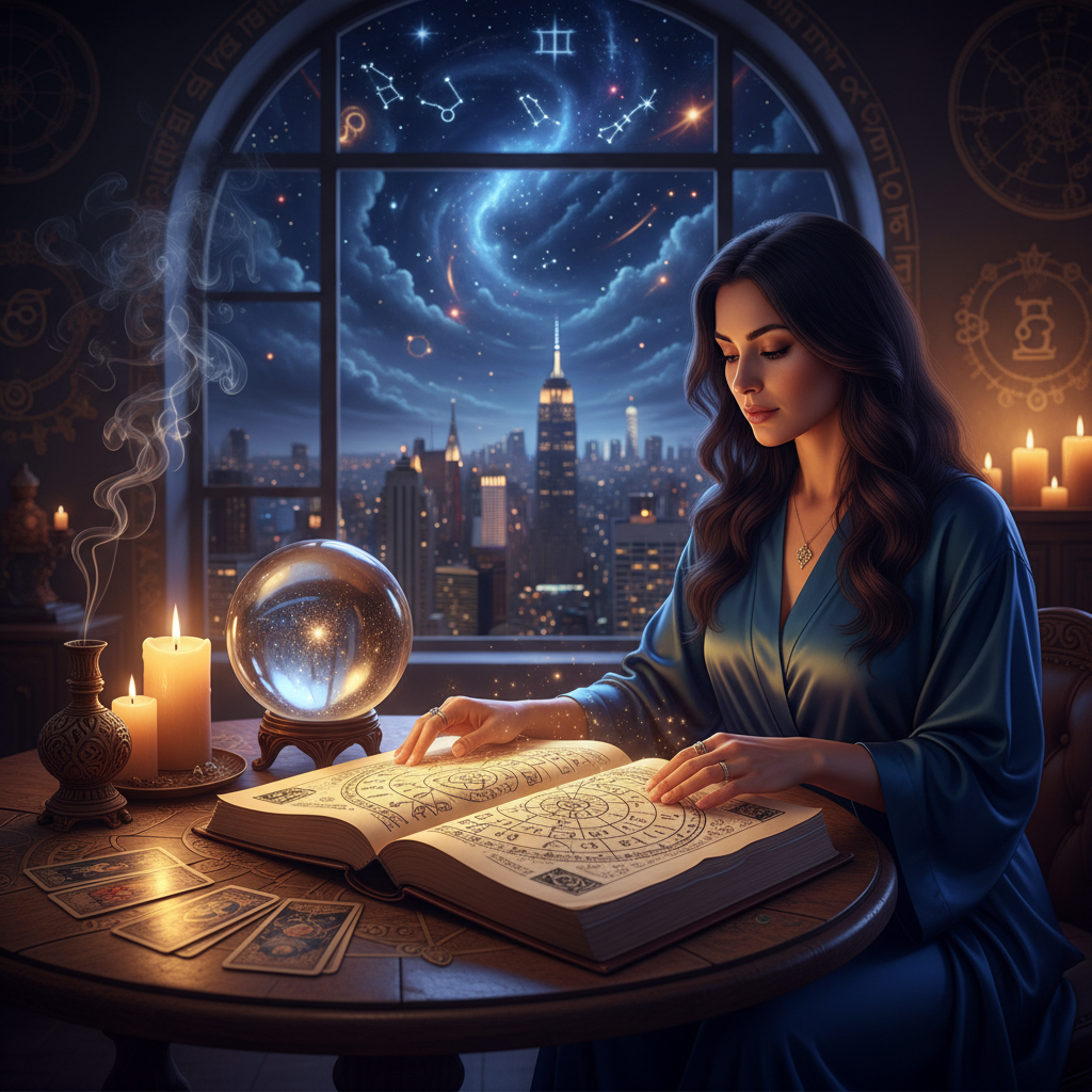Expert Astrologer in New York for Vedic Birth Chart Readings Celestial night sky with astrology symbols over New York skyline at dusk