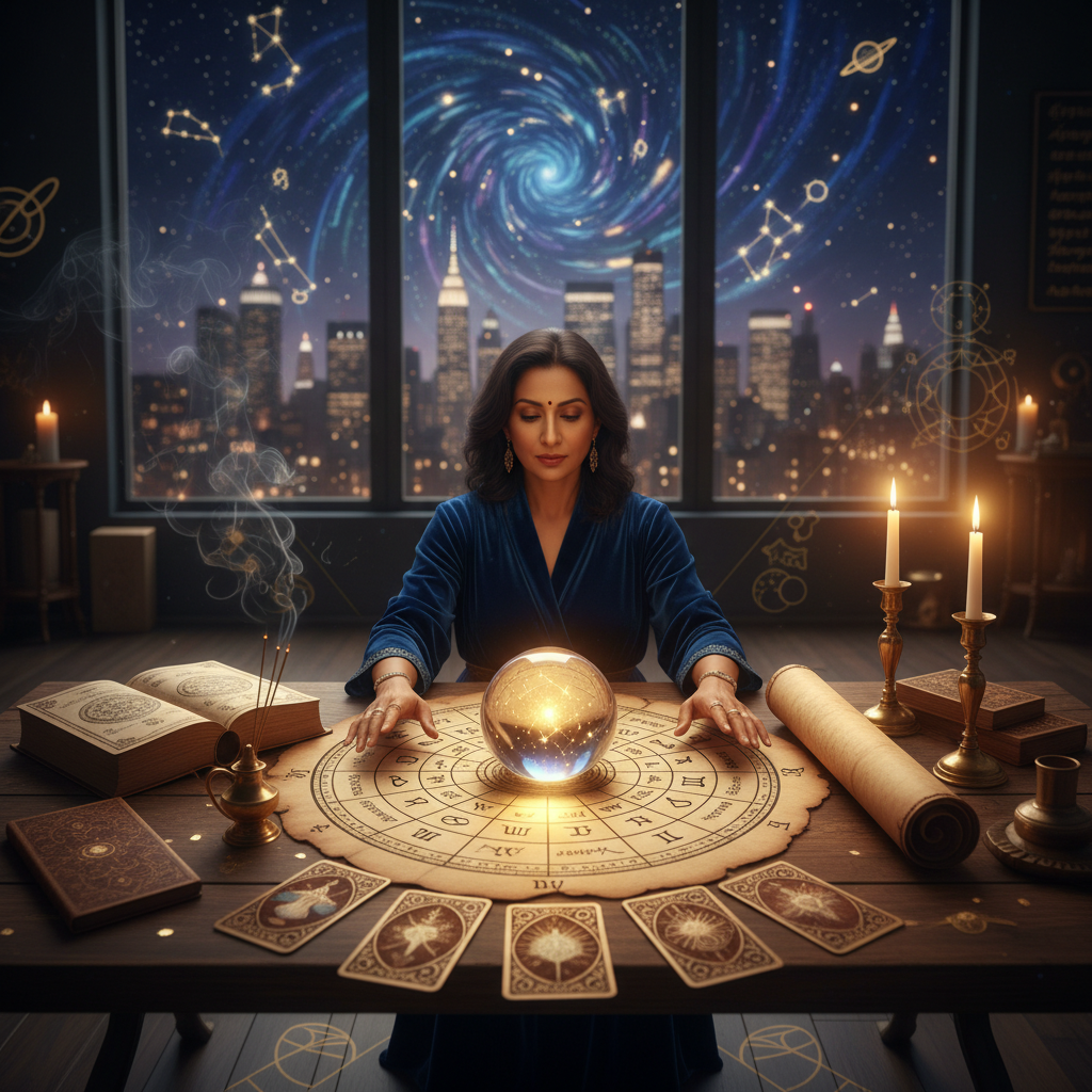 Mystic celestial background with astrological birth chart in New York setting