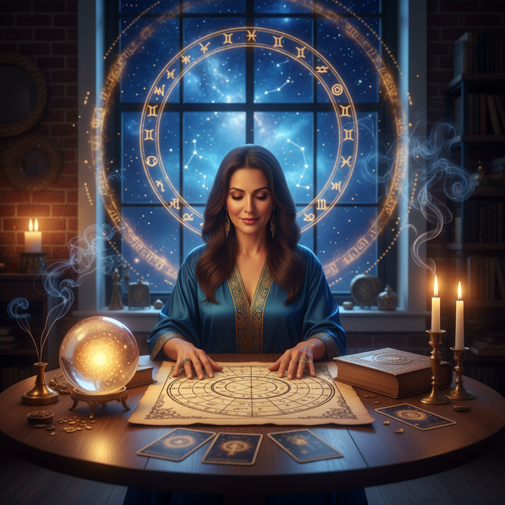 Mystical celestial chart glowing with starry astrology symbols in New York