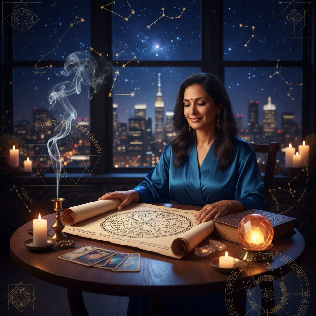 Mystical celestial sky with zodiac symbols over New York City skyline