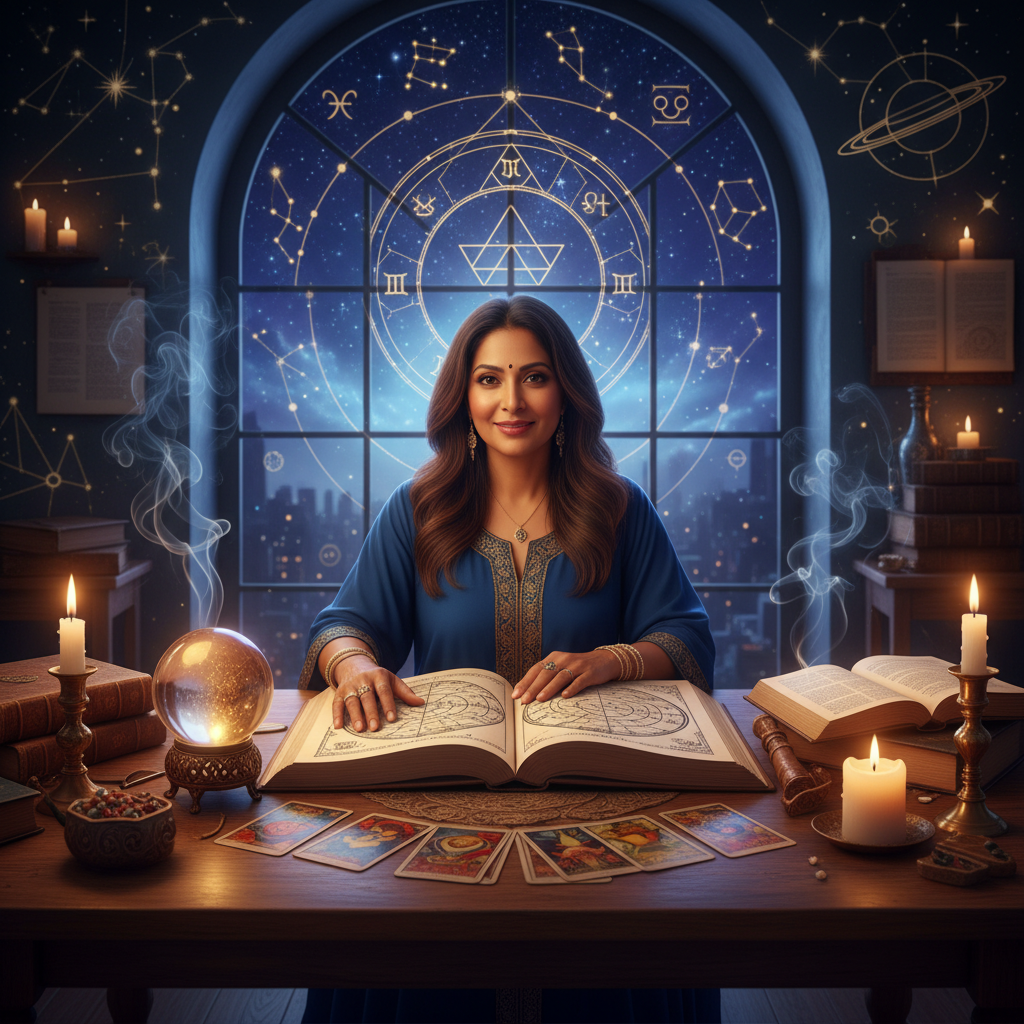 Expert Astrologer in New York for Vedic Birth Chart Readings Mystical celestial chart with stars and cosmic symbols over New York skyline