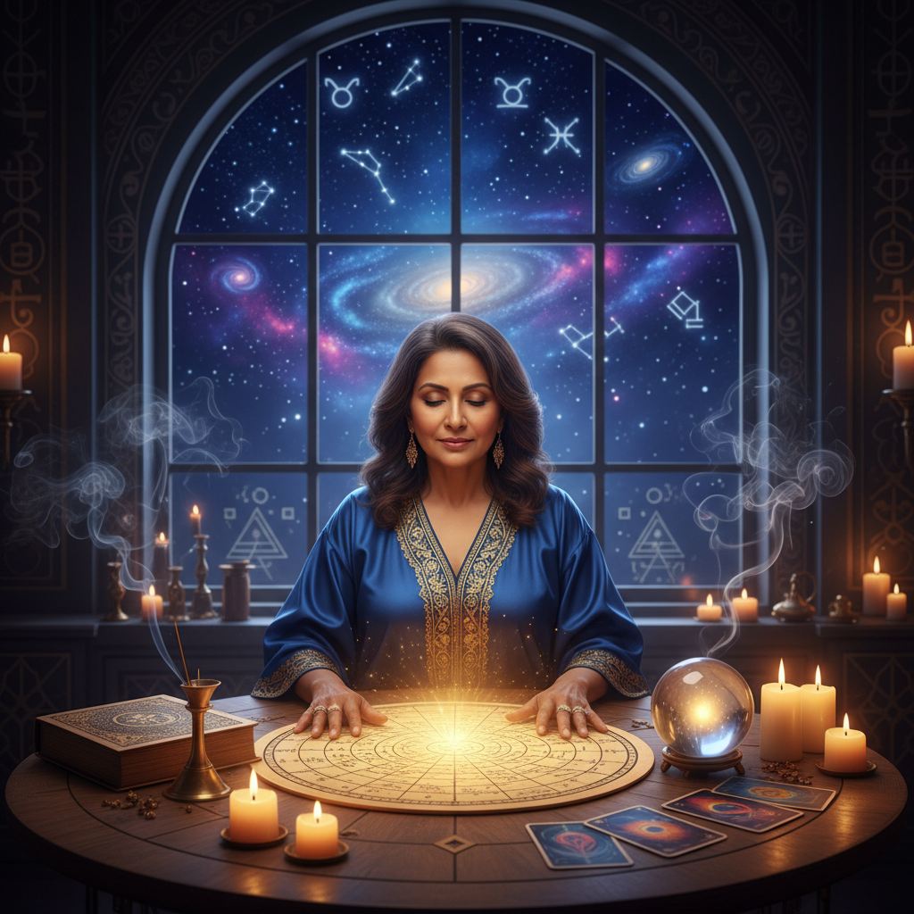 Top Astrologer in New York for Vedic Birth Chart Readings Mystical celestial chart with stars and planets over New York skyline