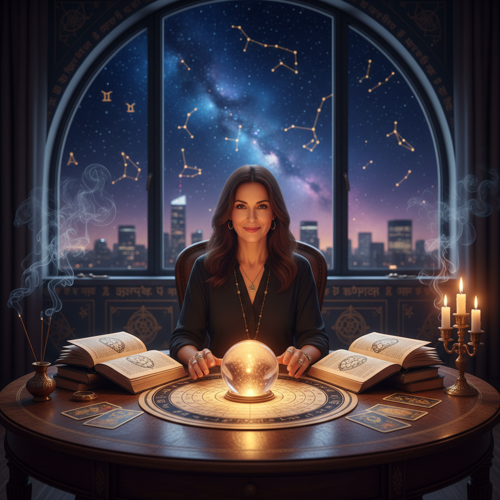 Expert Astrologer in New York – Vedic Birth Chart Reading Mystical celestial chart glowing over New York City skyline at night