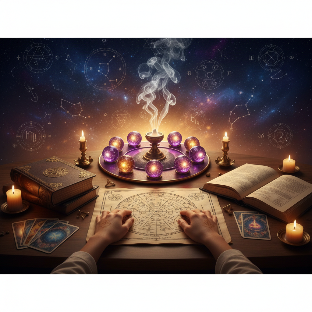 Expert Astrologer in New York for Vedic Birth Chart Readings Mystical celestial image showing vedic astrology symbols over New York skyline