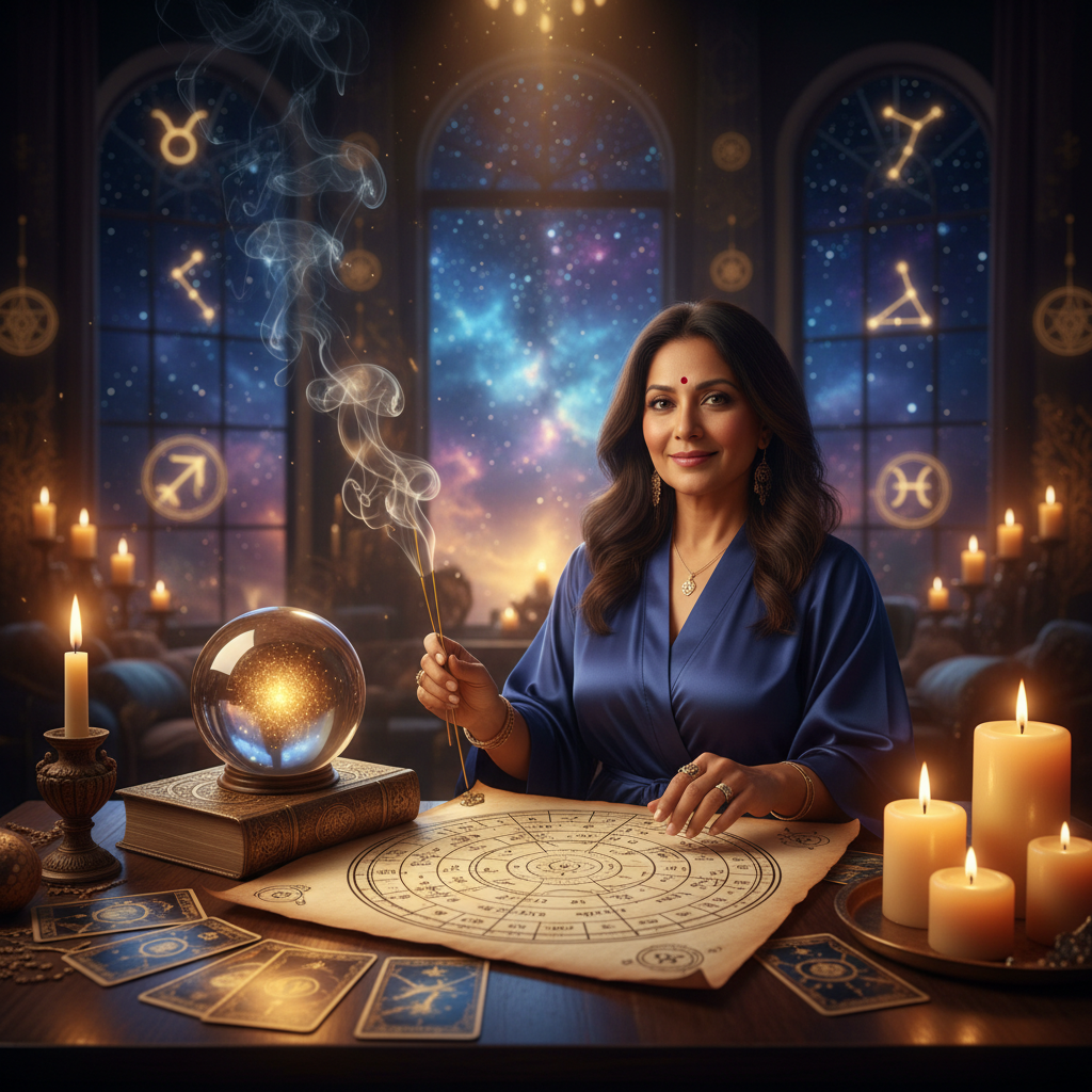 Top Astrologer in New York for Vedic Birth Chart Readings Mystical celestial lights and stars over New York City skyline at night