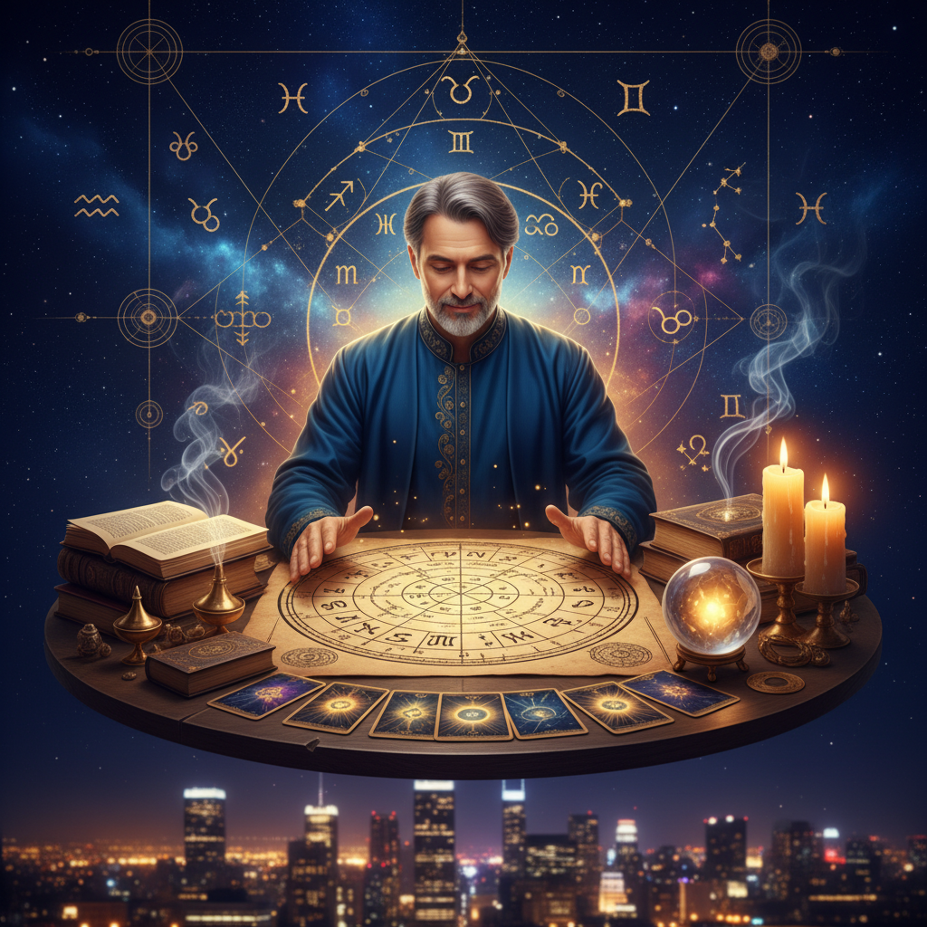 Mystical celestial astrology symbols over New York City skyline at night