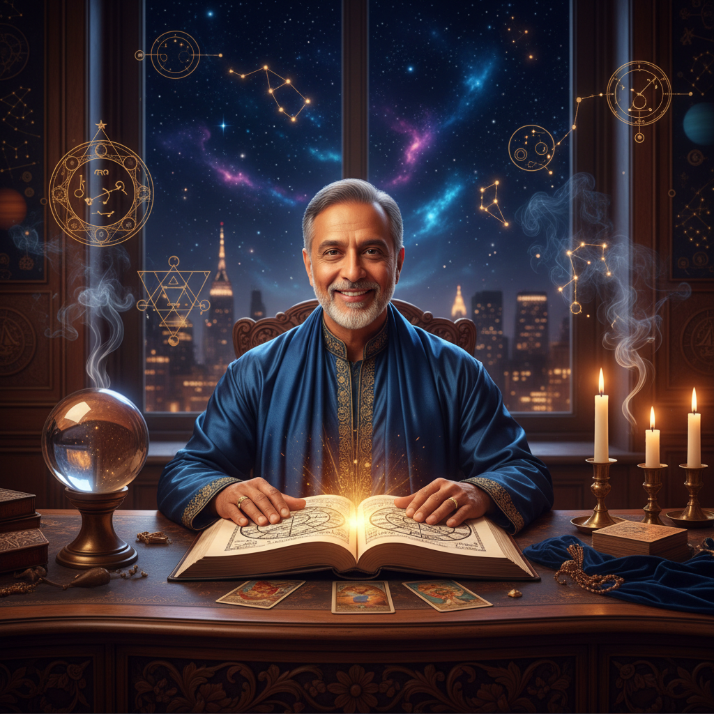 Personalized Astrology Consultation New York with Master Krish Celestial stars and zodiac symbols over New York City skyline at night