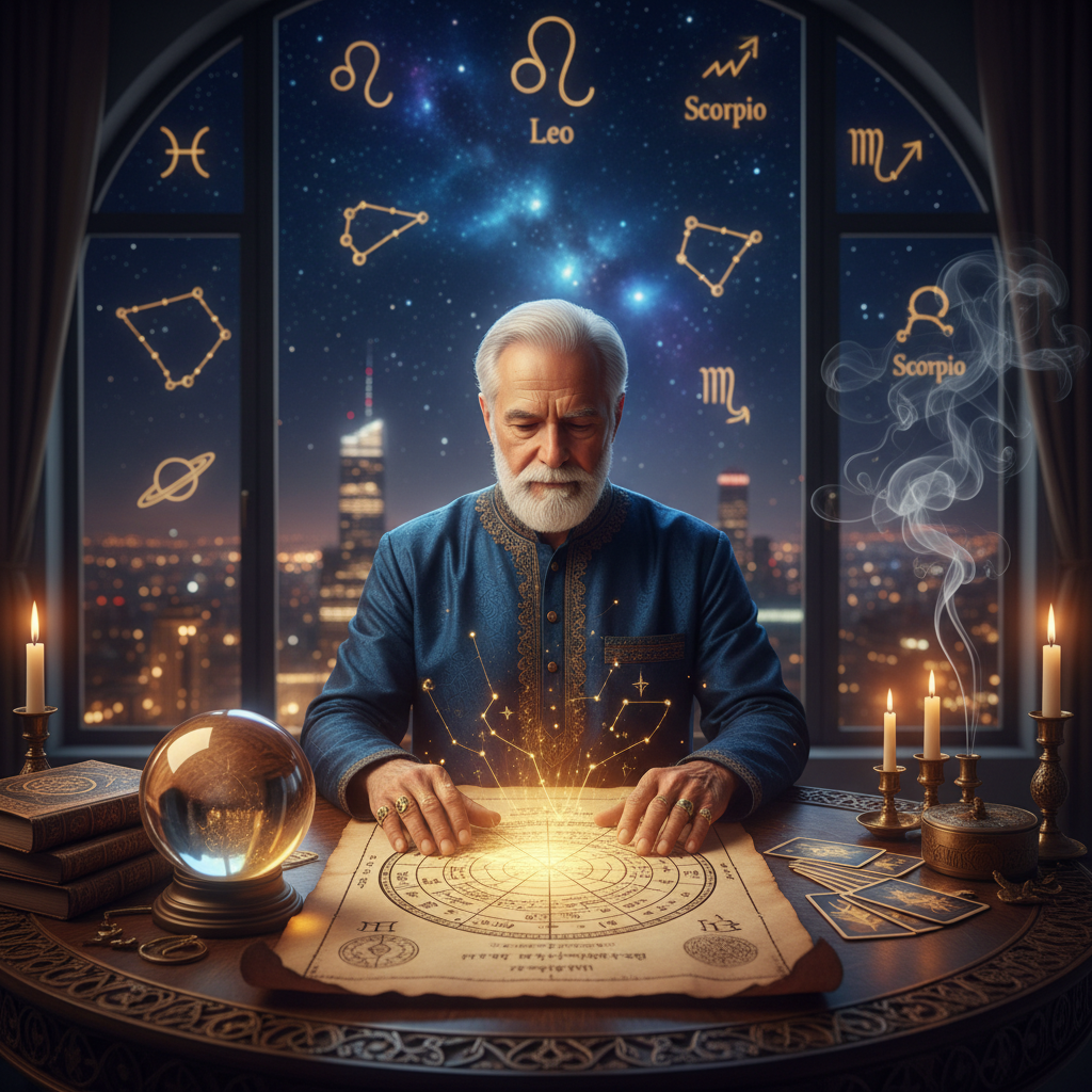 Personalized Astrology Consultation New York with Master Krish Mystical celestial astrology symbols glowing over New York City skyline