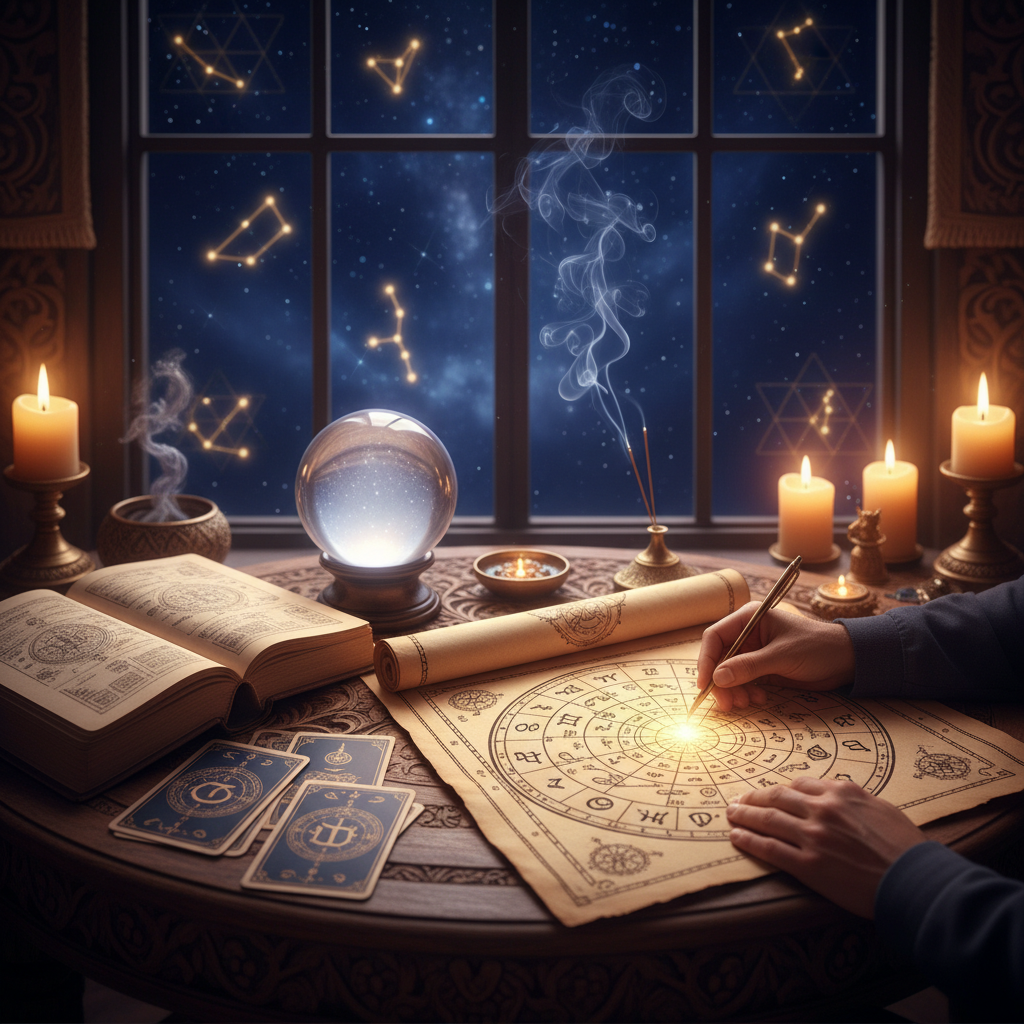 Personalized Astrology Consultation New York with Master Krish Mystical celestial astrology chart with New York skyline background