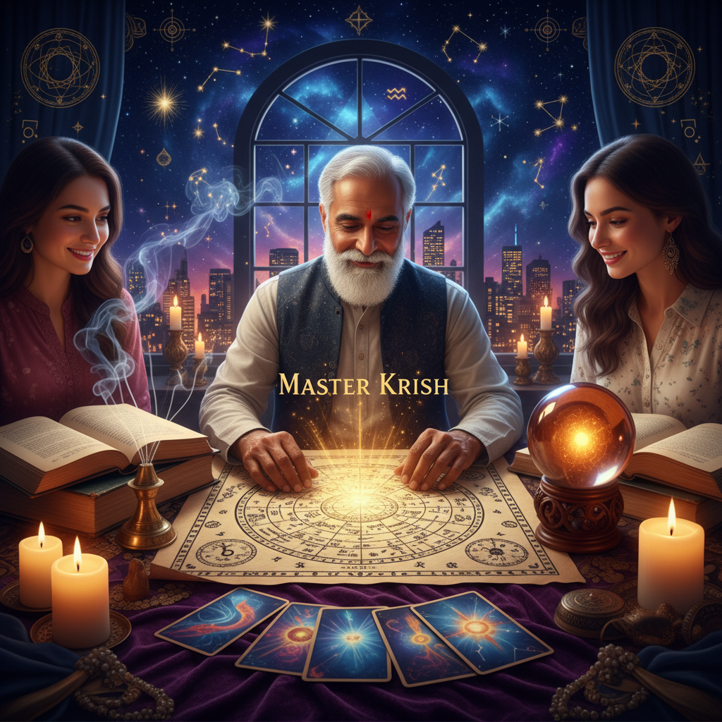Personalized Astrology Consultation New York with Master Krish Mystical celestial chart with stars over New York City skyline at night