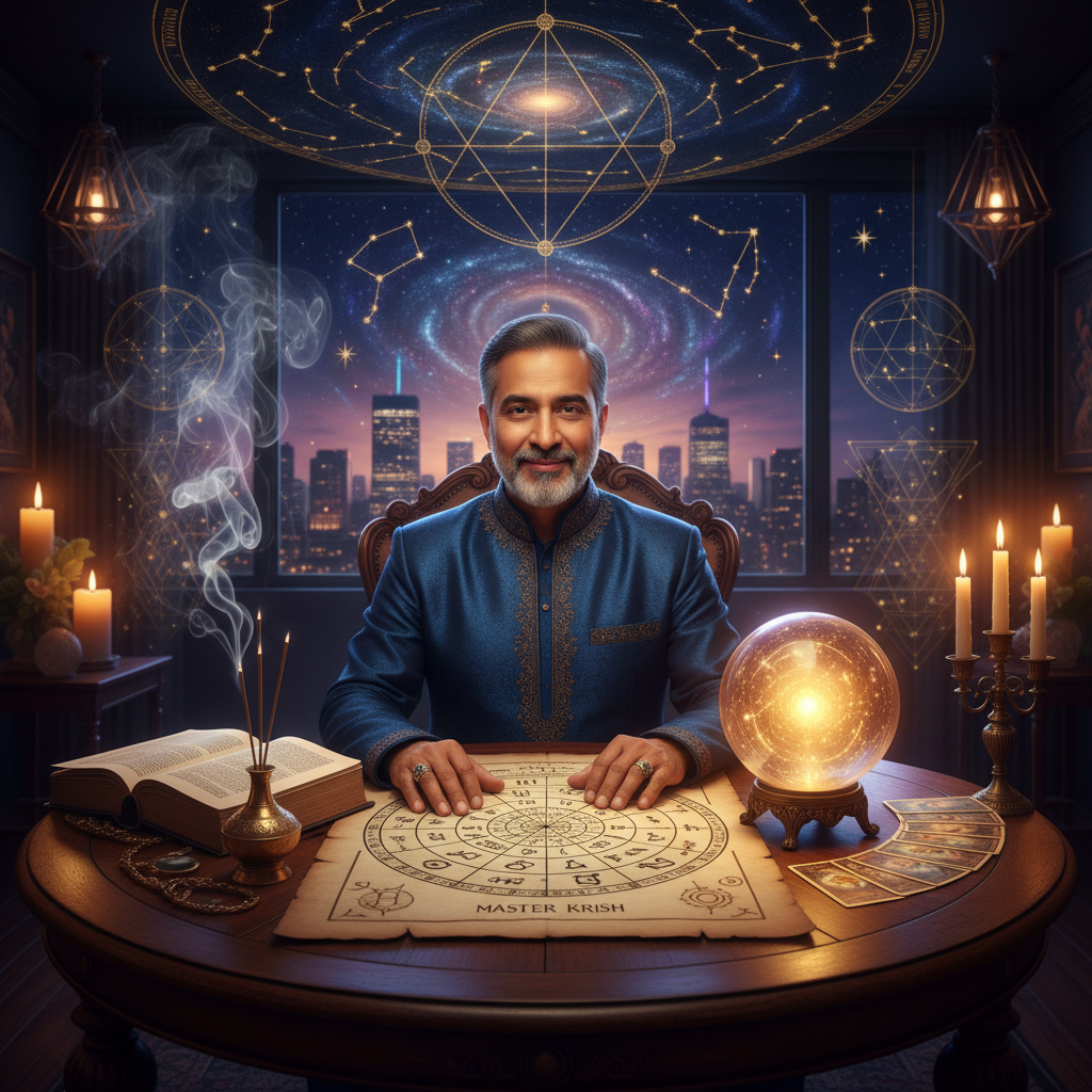 Personalized Astrology Consultation New York with Master Krish Mystical celestial image representing astrology consultation in New York