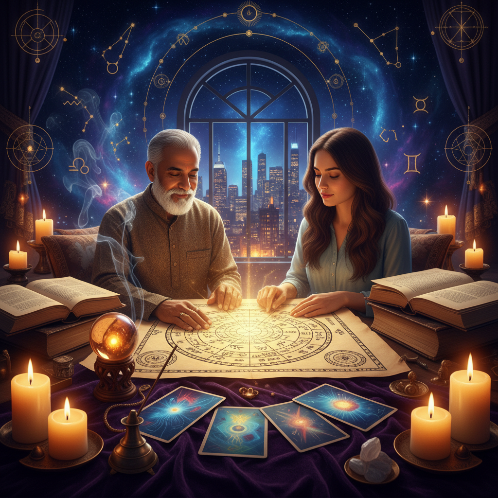 Personalized Astrology Consultation New York with Master Krish Mystical celestial sky with stars and zodiac signs over New York cityscape