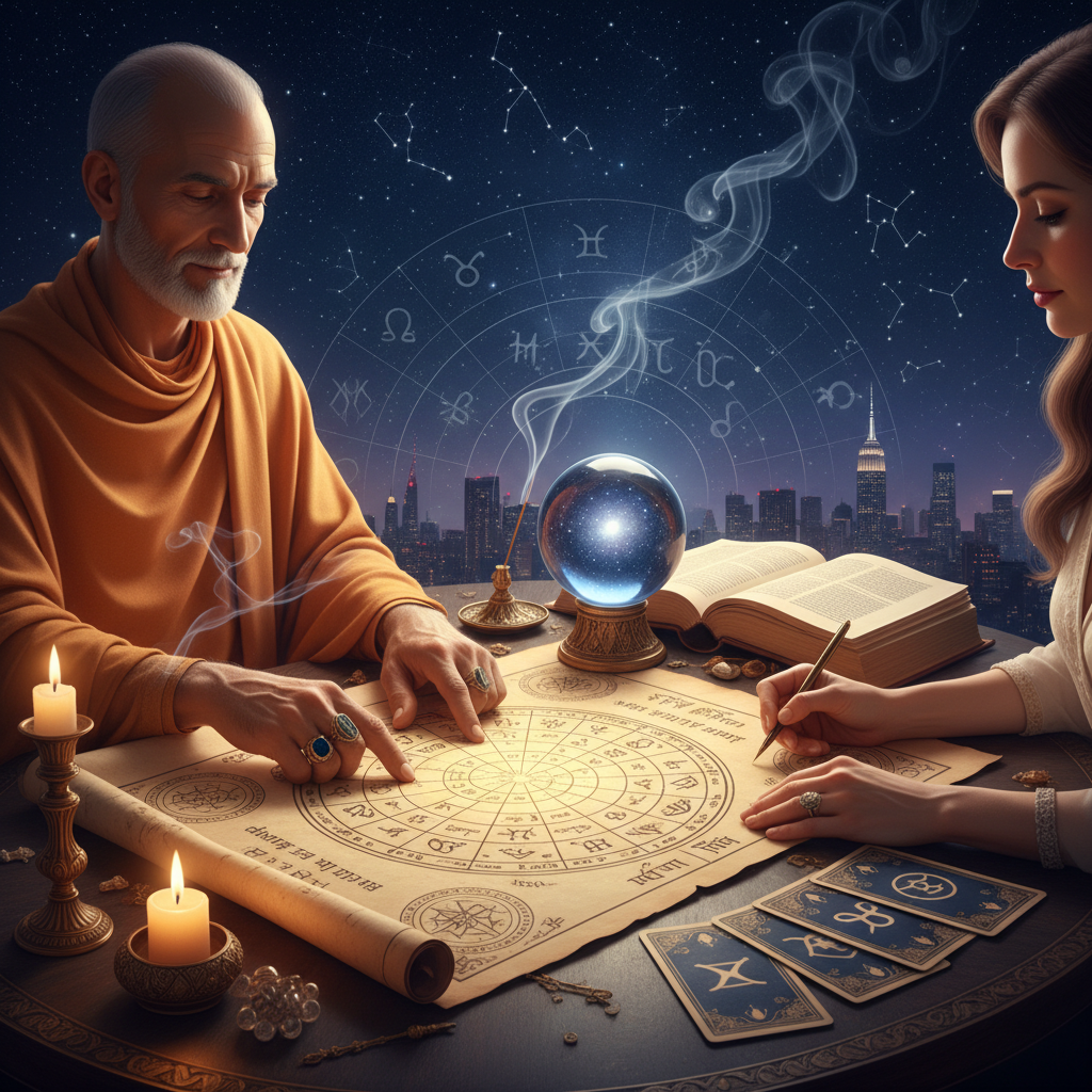 Personalized Astrology Consultation New York with Master Krish Mystical celestial night sky over New York City with astrological symbols