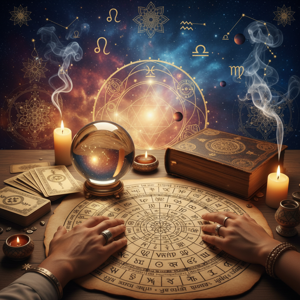 Personalized Astrology Consultation New York with Master Krish Mystical celestial sky with stars aligning above New York City skyline