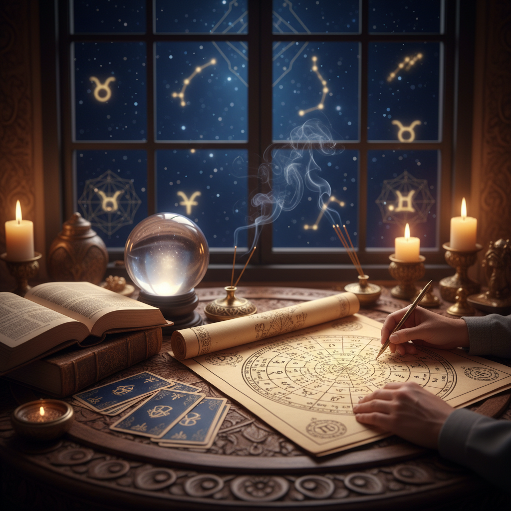 Mystical celestial astrology symbols over New York City skyline at night