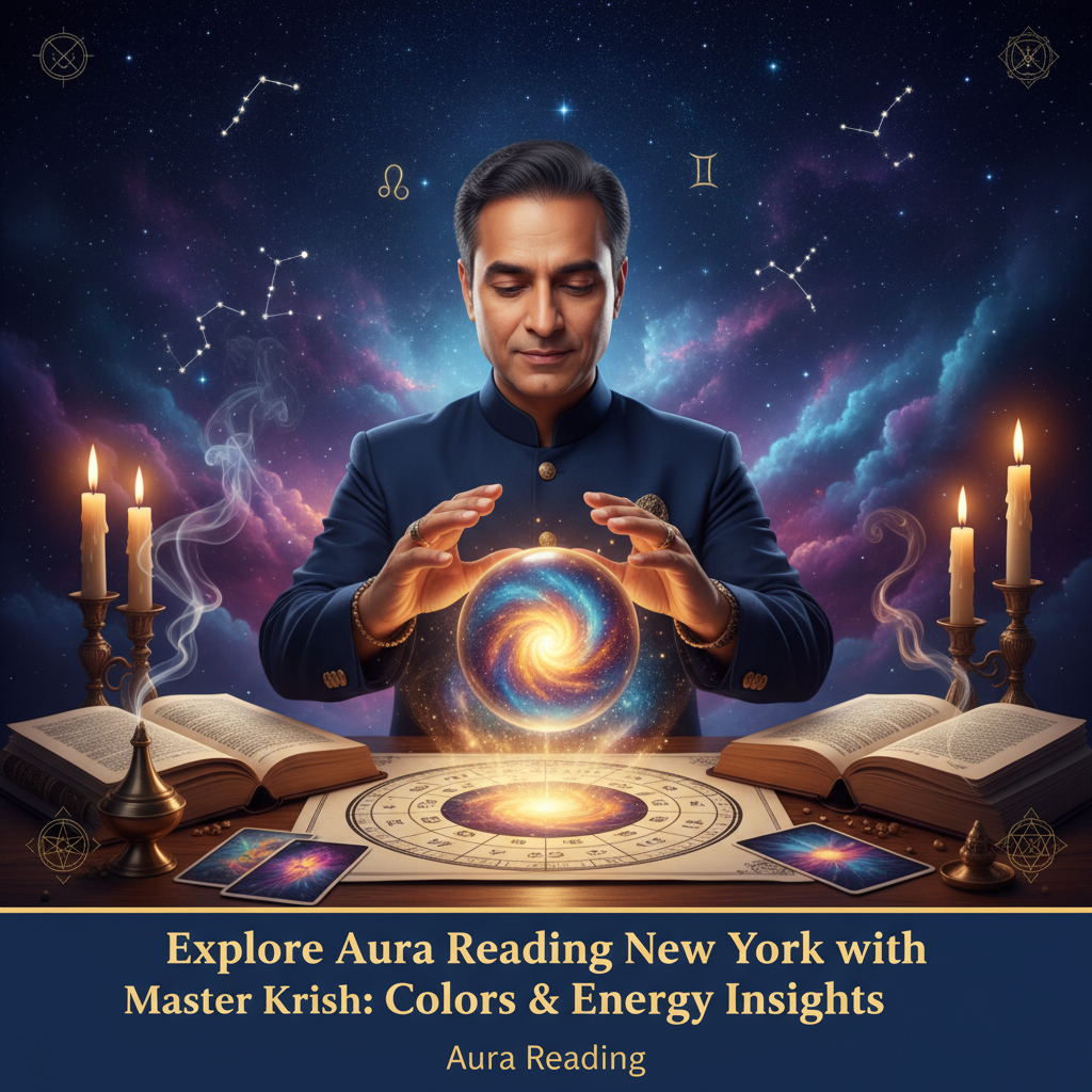 Explore Aura Reading New York with Master Krish: Colors & Energy Insights Mystical celestial aura colors glowing over New York City skyline