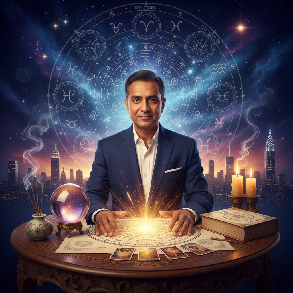 Discover Aura Reading New York with Master Krish Mystic aura colors glowing around figure in New York cityscape