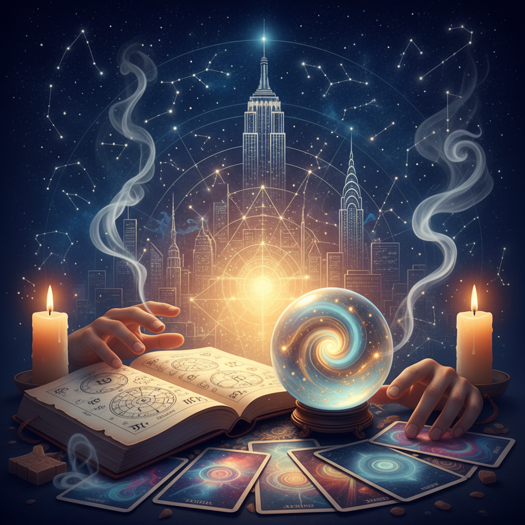 Unlock Your Energy: Aura Reading New York with Master Krish Mystical aura energy field with vibrant colors over New York skyline nighttime