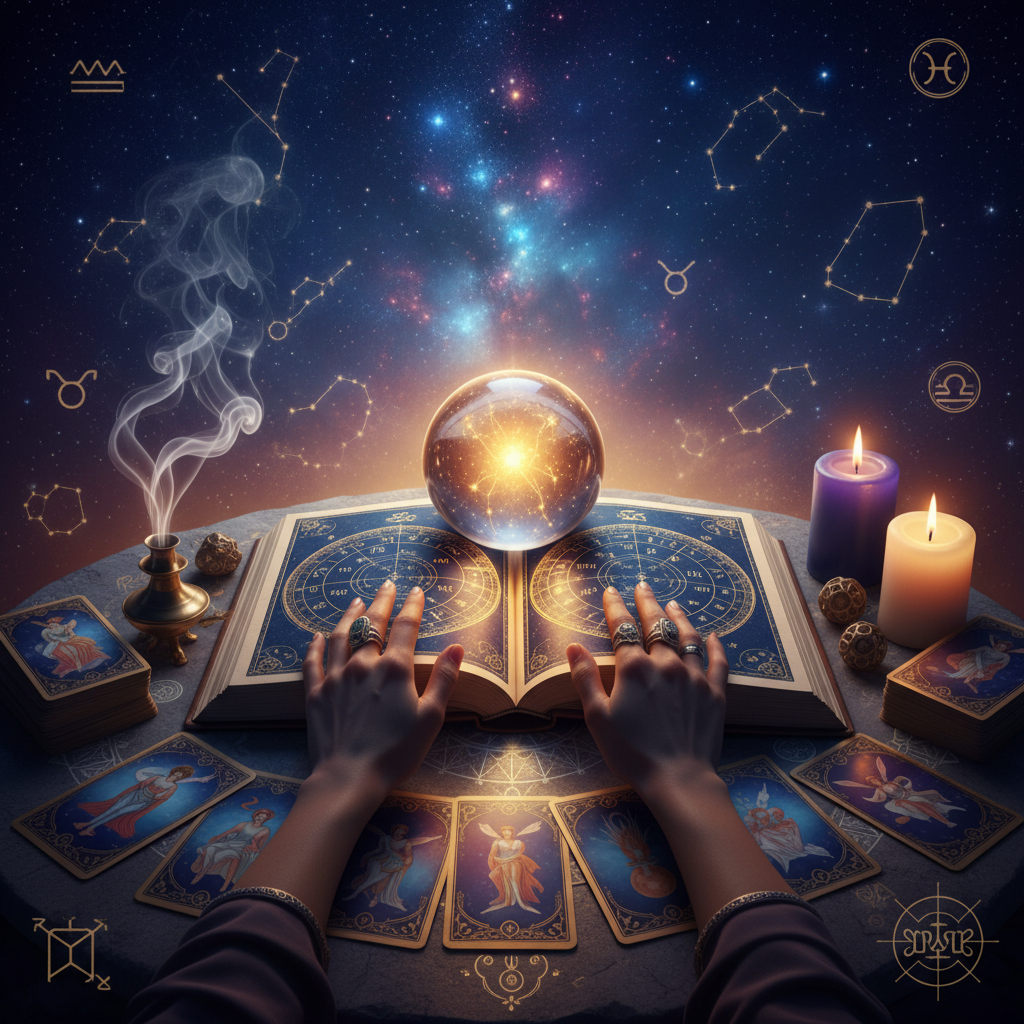 Mystical celestial image with tarot cards and astrological symbols in New York city background