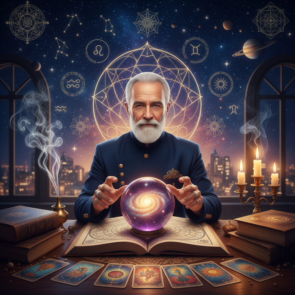 Mystical celestial background with tarot cards and spiritual symbols in New York