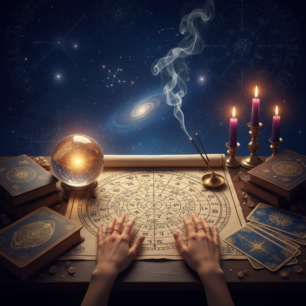 Mystical celestial aura with tarot cards and spiritual symbols in New York environment