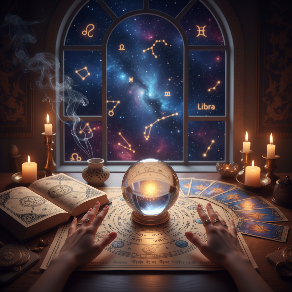 Mystical celestial image with tarot cards and astrology symbols in New York