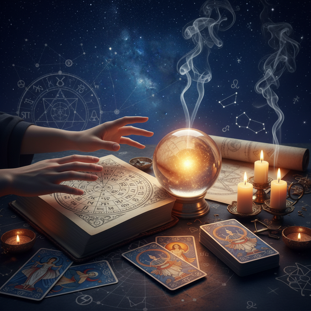Mystical celestial scene with tarot cards and astrological symbols in NYC