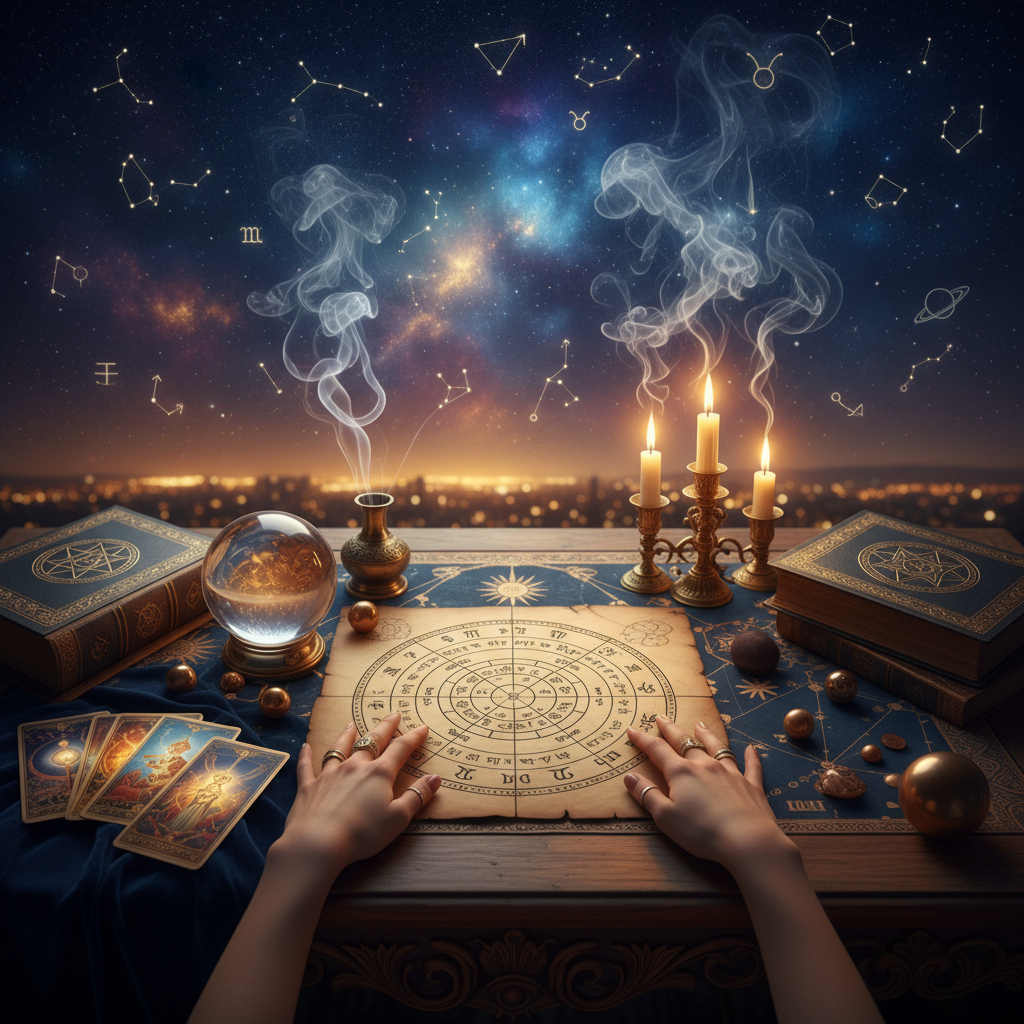 Mystical tarot and oracle cards glowing with celestial light in NYC