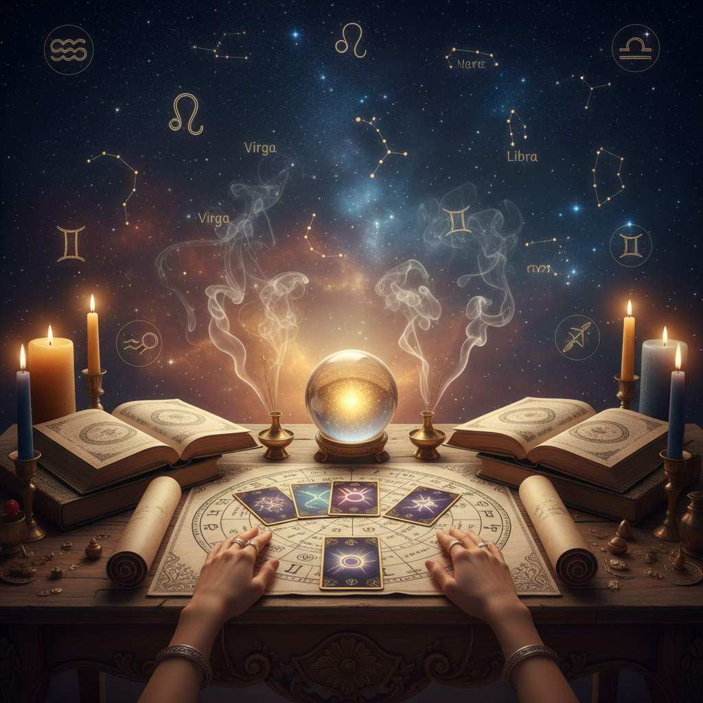 Mystical oracle and tarot cards over a New York City background