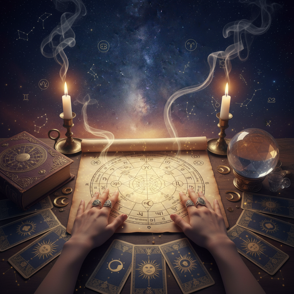 Expert Card Reading New York for Clarity & Guidance Mystical tarot and oracle cards glowing with celestial symbols in New York setting