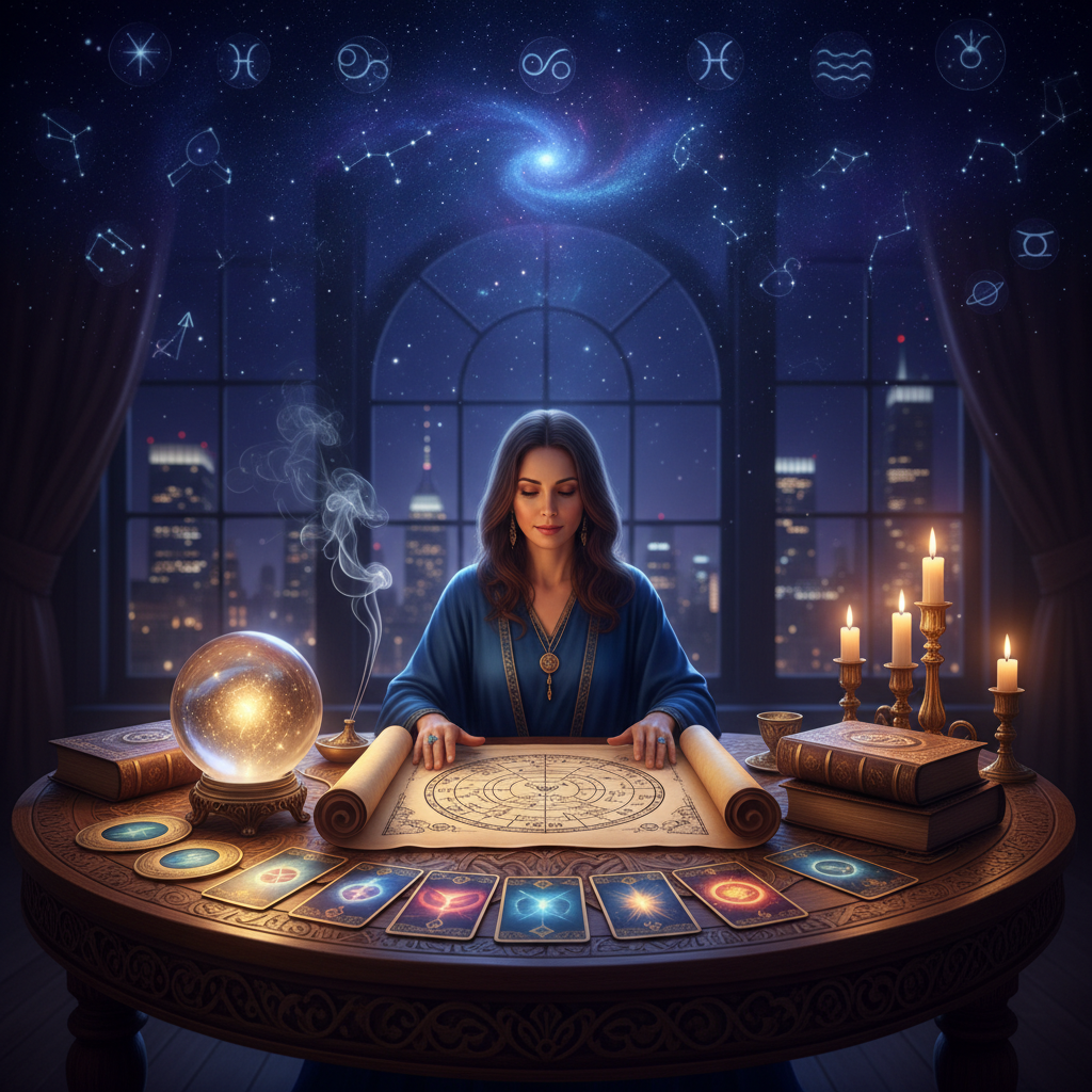 Card Reading New York: Oracle & Tarot Guidance by Master Krish Mystical tarot and oracle cards on a wooden table with NYC skyline background