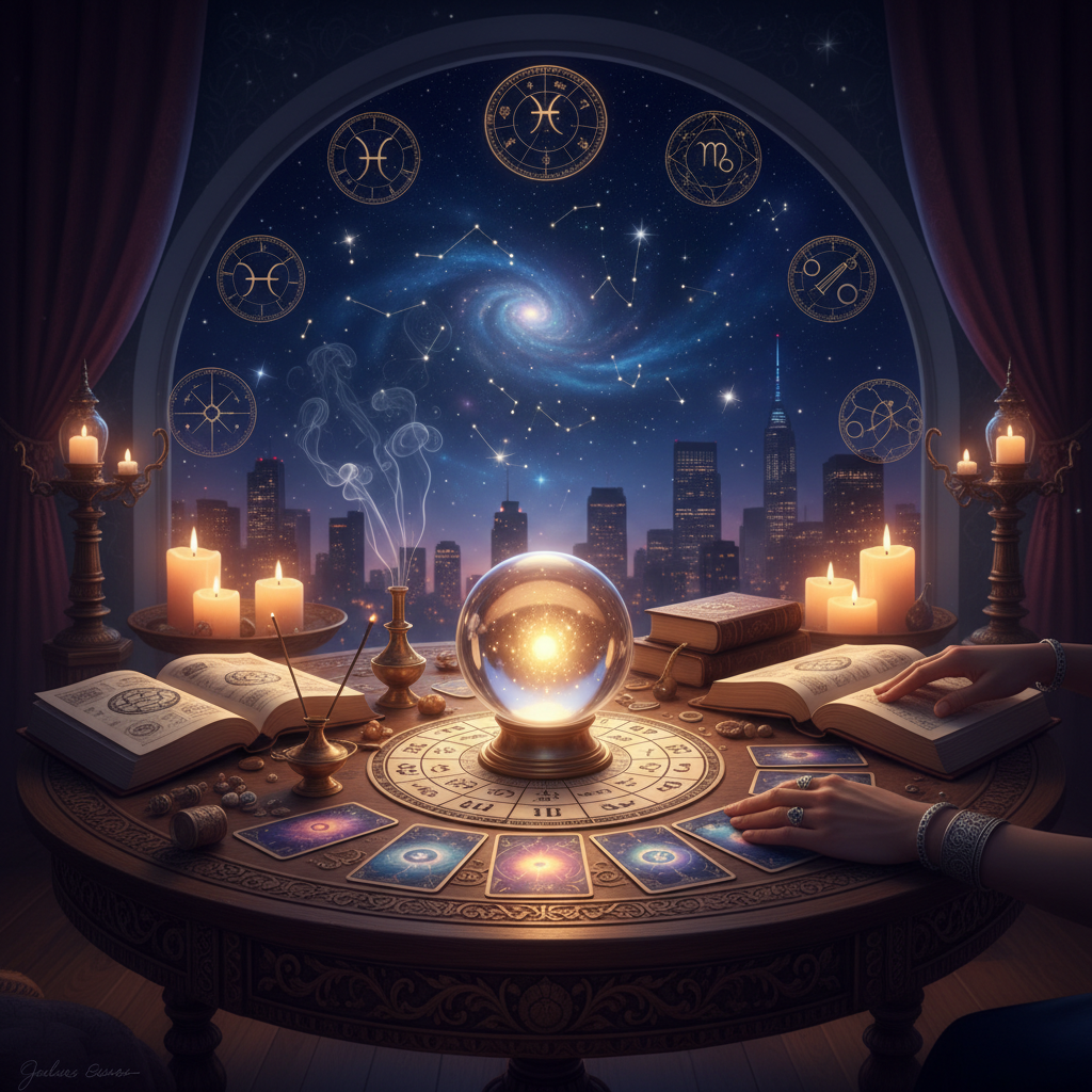 Expert Card Reading New York for Clarity & Guidance Mystical celestial cards glowing with spiritual energy in New York setting