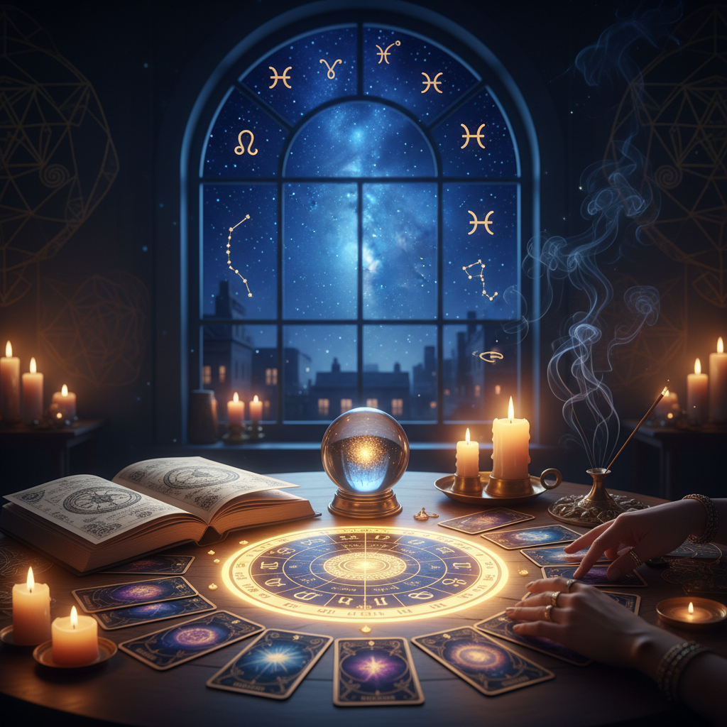Card Reading New York: Oracle & Tarot Guidance in NYC Mystical celestial tarot cards with New York City skyline background