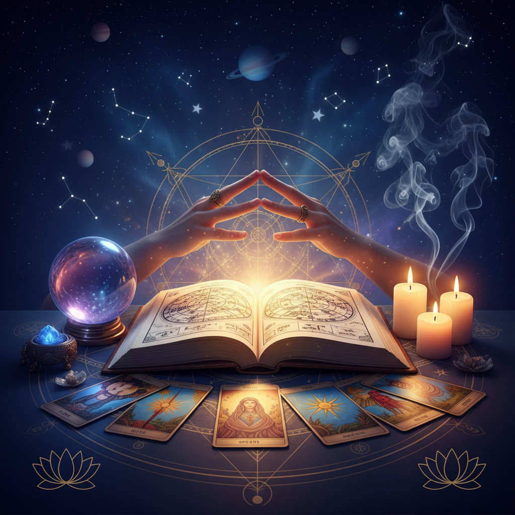 Expert Card Reading New York | Tarot & Oracle Guidance NYC Mystical celestial tarot cards and spiritual energy over New York skyline at night