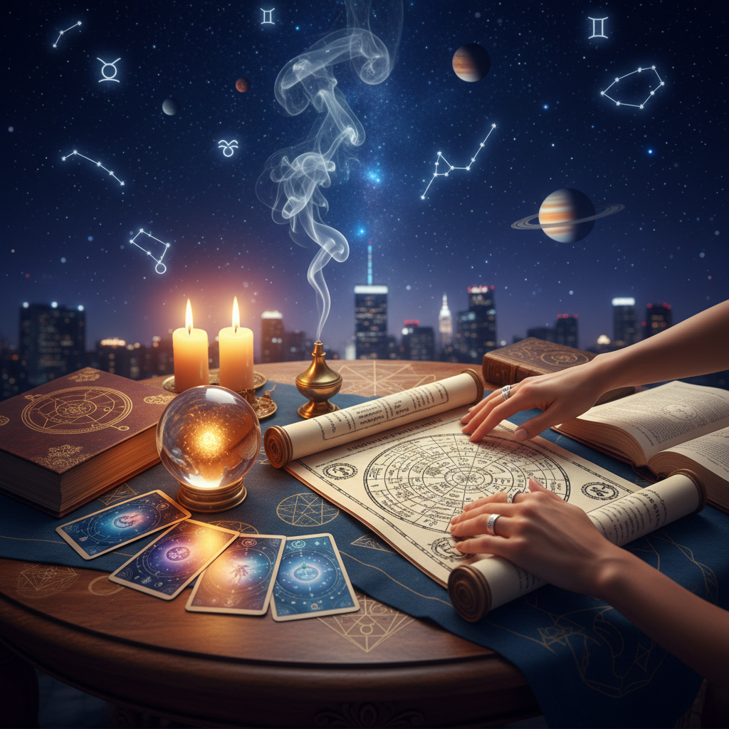 Card Reading New York: Tarot & Oracle Guidance with Master Krish Mystical tarot cards glowing with cosmic energy in New York setting