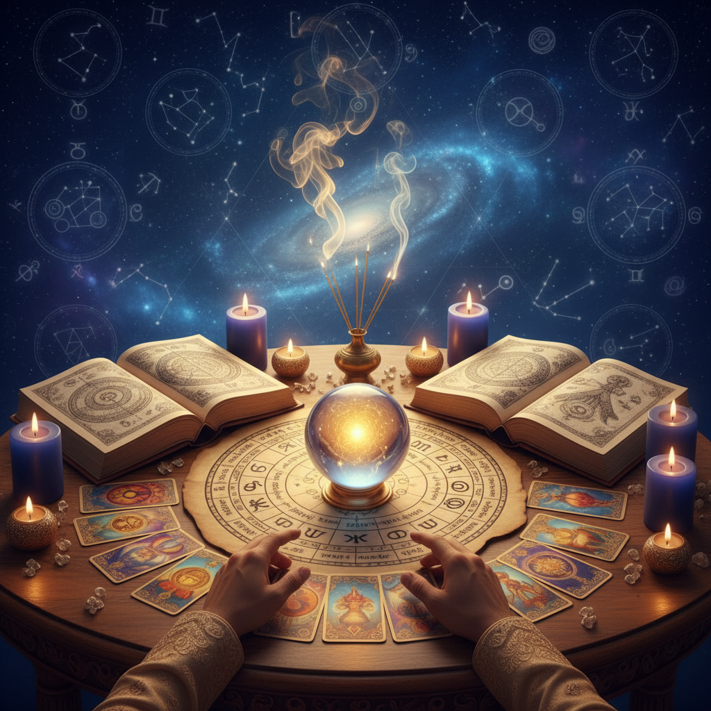 Card Reading New York: Tarot & Oracle Guidance with Master Krish Mystical celestial cards glowing on wooden table in New York studio