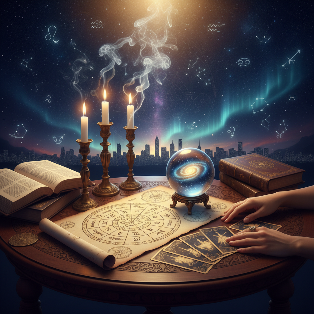 Expert Card Reading New York | Oracle & Tarot Guidance Mystical celestial tarot and oracle cards glowing over New York skyline