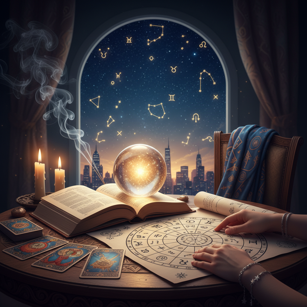 Card Reading New York: Tarot & Oracle Guidance in NYC Mystical celestial card reading scene with tarot and oracle cards in New York ambiance
