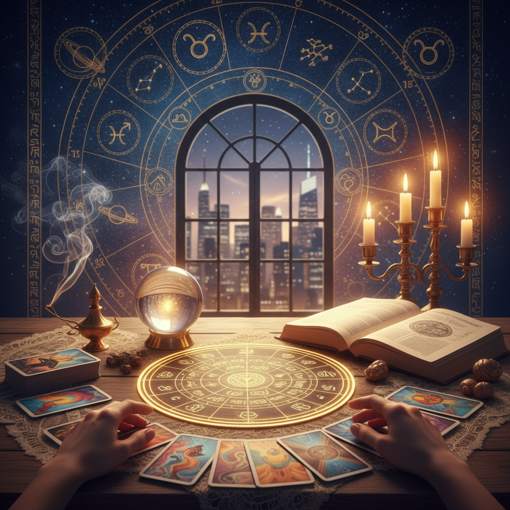 Expert Card Reading New York for Clarity & Guidance Mystic tarot card reading scene in a New York spiritual setting
