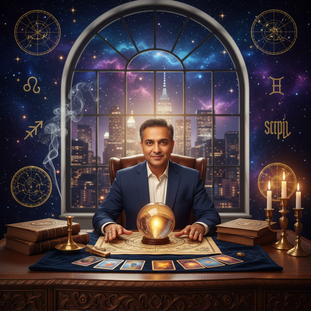 Mystical celestial image with tarot cards and spiritual symbols in New York setting